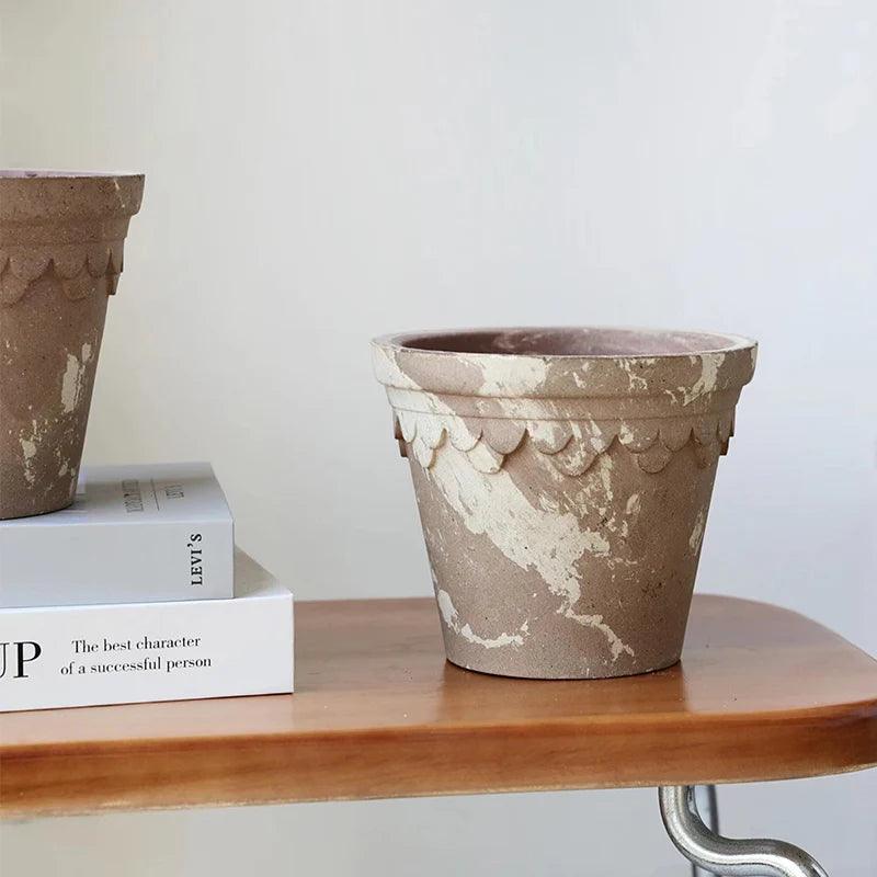 6-inch unique brown and white terracotta flower pot, perfect for cafes and enhancing indoor decor with a stylish touch.