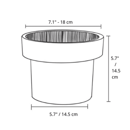 Diagram of 7-inch cone-shaped clay planter with dimensions: 7.1 inches (18 cm) top diameter, 5.7 inches (14.5 cm) base diameter, 5.7 inches (14.5 cm) height.