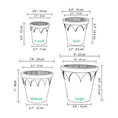 Size chart for crown-shaped clay planters, showing dimensions for extra small, small, medium, and large sizes; ideal for indoor plant displays.