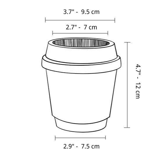 Dimensions of a coffee cup-shaped clay pot: 4.7 inches (12 cm) height, 3.7 inches (9.5 cm) top diameter, 2.9 inches (7.5 cm) base diameter.