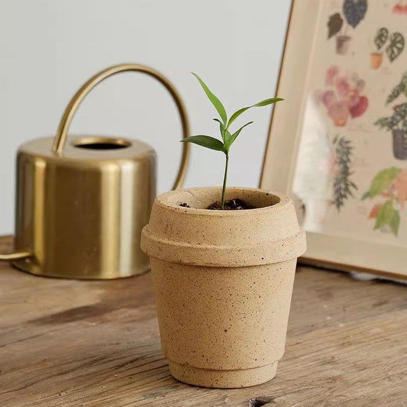 4 inch Eco-friendly ceramic coffee cup-shaped planter with a small sprout, placed on a rustic table beside a brass watering can and botanical artwork.